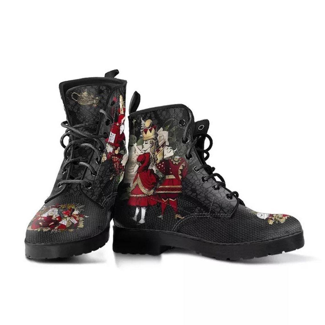 Gothic Print Vegan Leather Combat Boots