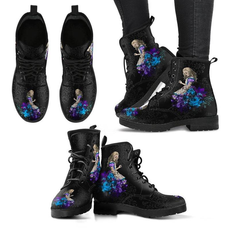 Gothic Print Vegan Leather Combat Boots