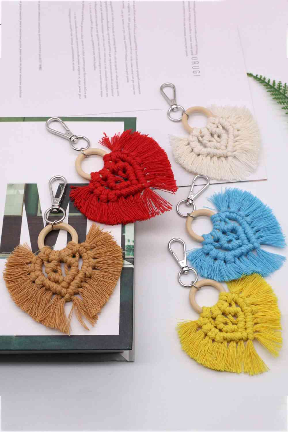 Assorted 4-Pack Heart-Shaped Macrame Fringe Keychain