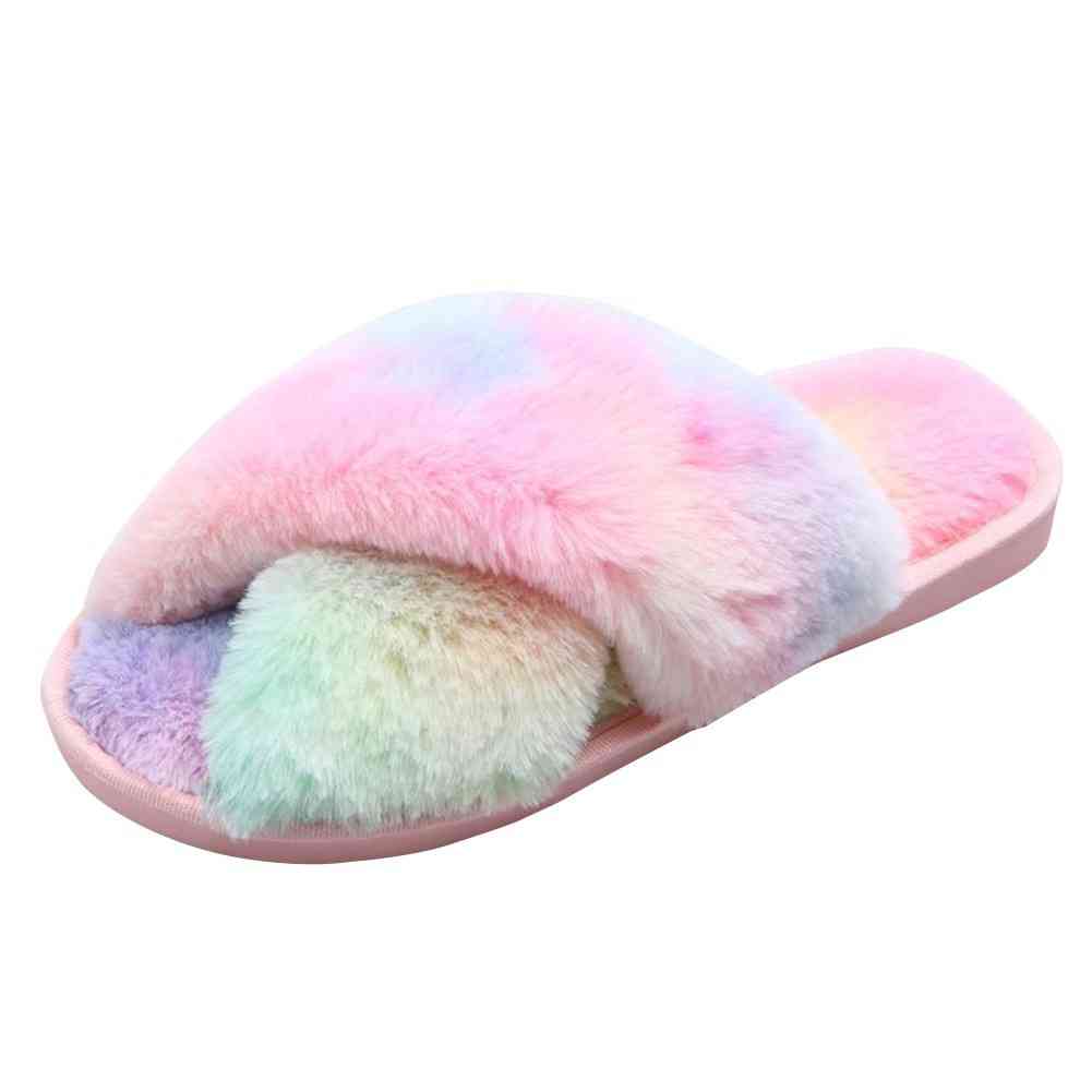 Faux Fur Crisscross Strap Slippers